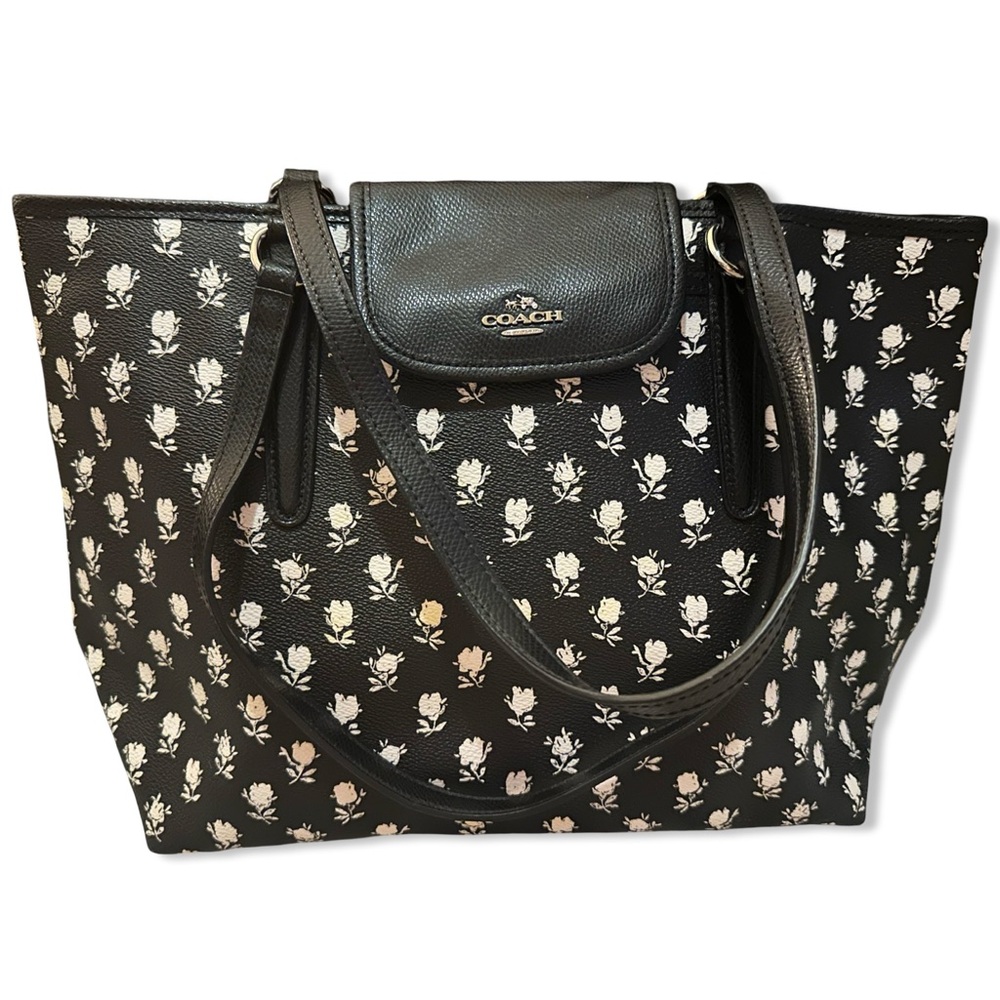 COACH In Signature Canvas With Floral Print Large Purse Bag Tote Black